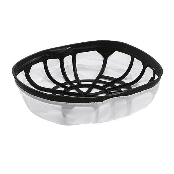 Ein rundes, transparentes Sieb mit schwarzem Gestell, verwendet zum Abtropfen von Lebensmitteln. Ideal für Küchenanwendungen.