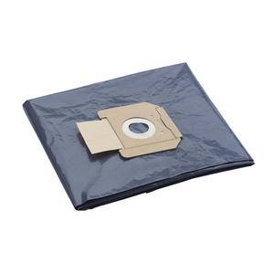 Ein schwarzer Staubsaugerbeutel mit einem weißen Verschlussring und einer rechteckigen Lasche aus Karton auf einer Oberfläche liegend.