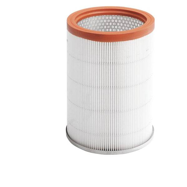 Ein weißer zylindrischer Luftfilter mit einer orangefarbenen oberen und unteren Kante.