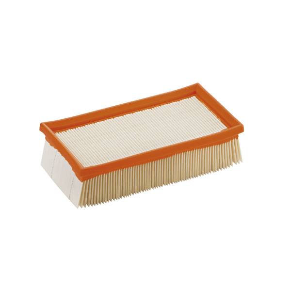 Ein rechteckiger Luftfilter mit gefaltetem Papier und orangefarbenem Rahmen, verwendet in Automobilen zur Reinigung der Luft.