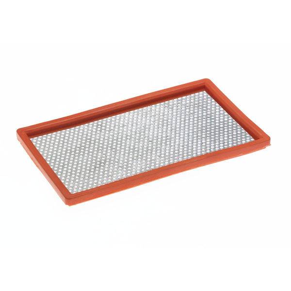 Rechteckiger Metallfilter mit rotem Rand, horizontal platziert.