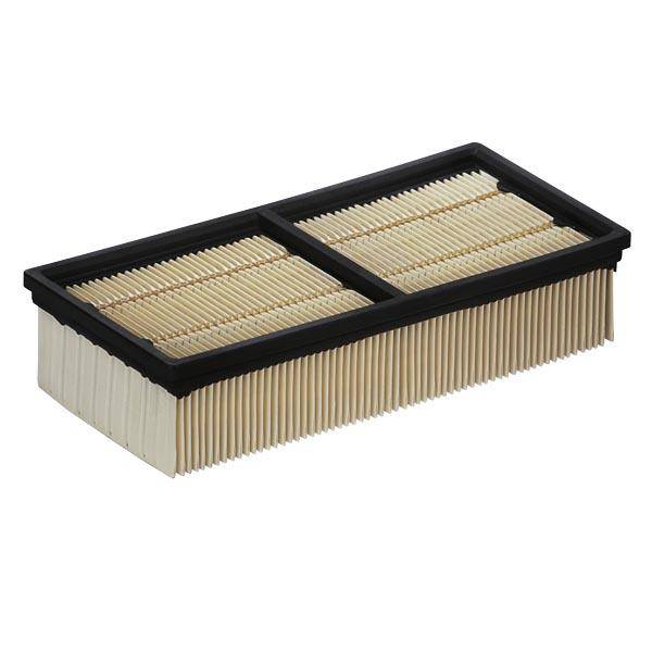 Ein rechteckiger Luftfilter mit Falten und einem schwarzen Rahmen, wahrscheinlich für ein Fahrzeug oder eine Maschine geeignet.