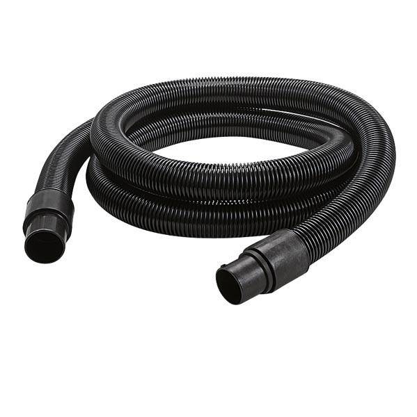 Schwarzer, flexibler Saugschlauch, aufgerollt. Geeignet für Staubsauger oder andere Geräte, die einen Luftstromkanal benötigen.