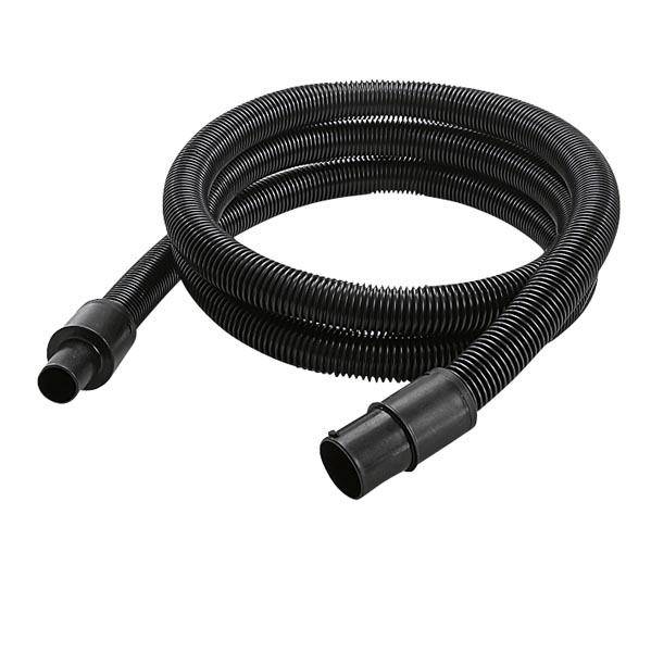 Ein schwarzer, flexibler Schlauch mit geripptem Design und Anschlüssen an beiden Enden, geeignet für die Verbindung in einem Saugsystem.