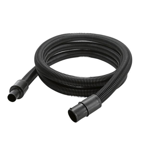 Flexibler, schwarzer Wellschlauch aus Kunststoff mit zwei Anschlussstücken an den Enden, verwendet für Industrie- oder Haushaltsanwendungen.