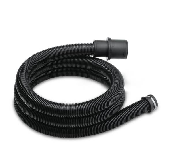 Schwarzer, flexibler Wellschlauch, aufgerollt, mit Steckverbindung an beiden Enden, geeignet für Wasser- oder Luftdurchfluss.