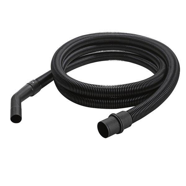 Ein schwarzer, flexibler Kunststoffschlauch mit abgewinkeltem Ende, geeignet für den Anschluss an Staubsauger oder andere Geräte.