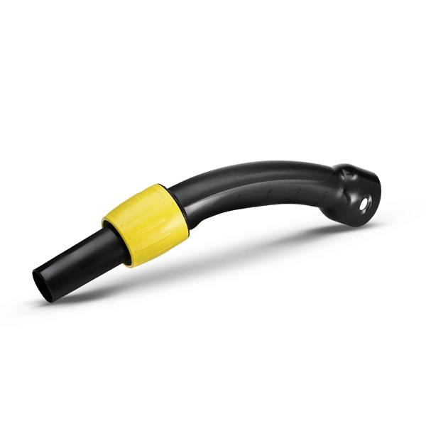 Ein gebogener schwarzer Rohrreiniger mit einem gelben Griff, der auf einer weißen Oberfläche liegt. Geeignet für Rohrverstopfungen.