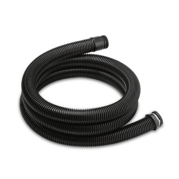 Schwarzer, flexibler Saugschlauch mit geripptem Design. Verwendet zur Verbindung von Geräten für Staubabsaugung und Reinigung.