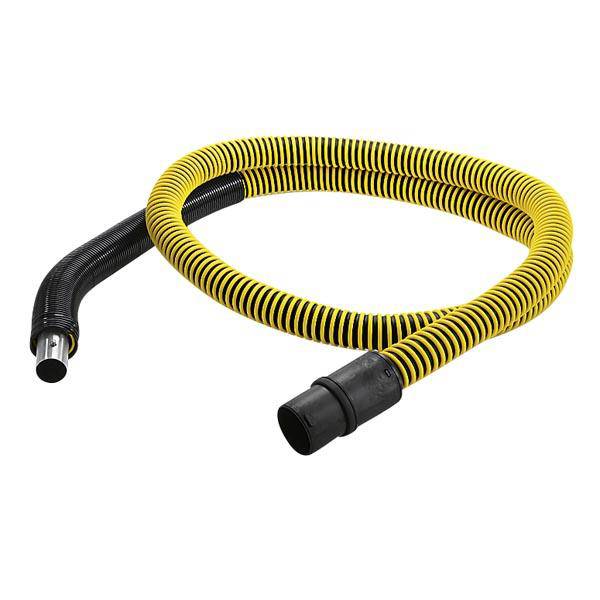 Gelber Saugschlauch mit schwarzer Spirale, gebogenes und gerades Ende. Geeignet für Industriestaubsauger oder Werkzeuge.