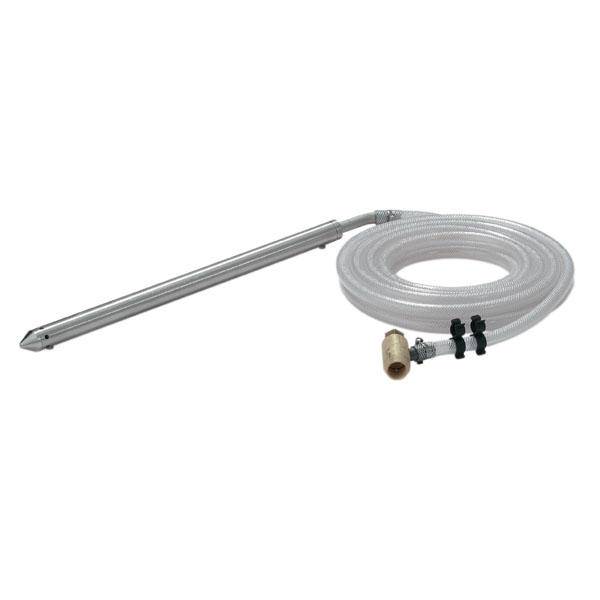 Schlauchpumpe mit langem, gebogenen Edelstahlrohr, geeignet für Flüssigkeitstransfer. Transparentes, flexibles Material.