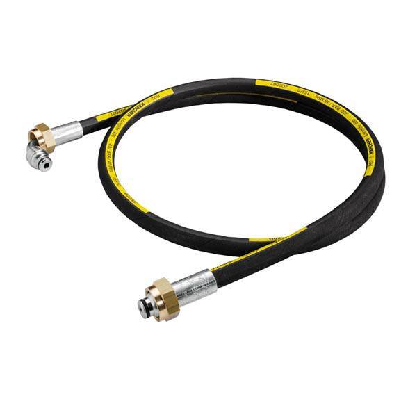 Schwarzer Hydraulikschlauch mit gelben Markierungen, Metallanschluss an beiden Enden.