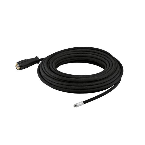 Schwarzer Hochdruckschlauch, aufgerollt, mit einem Schraubanschluss auf jeder Seite, geeignet für den Anschluss an Hochdruckreiniger.