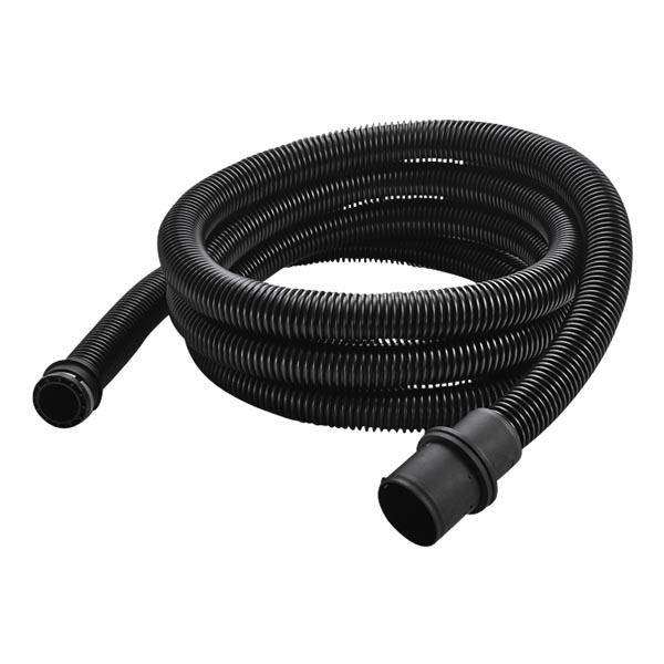 Ein schwarzer, flexibler Schlauch, spiralförmig gewickelt, auf weißem Hintergrund.