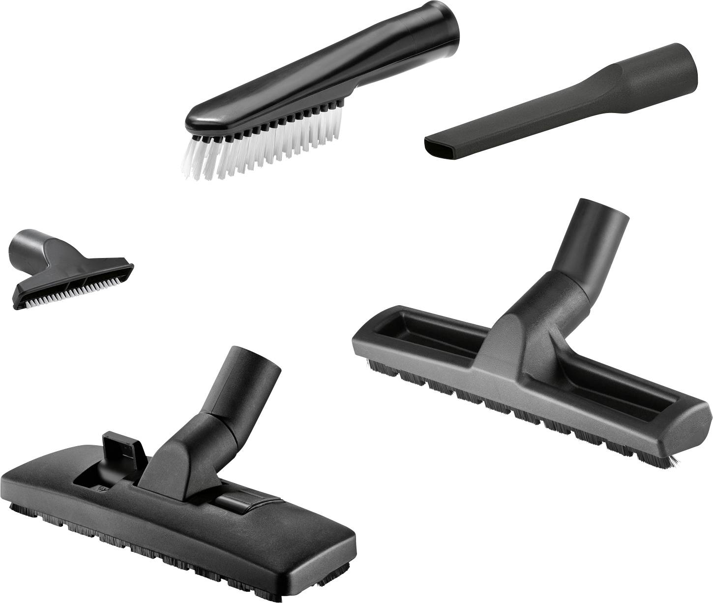Eine Vielzahl von Staubsaugeraufsätzen: eine breite Bürste, ein Fugendüse, eine runde Staubbürste und zwei Bodendüsen.