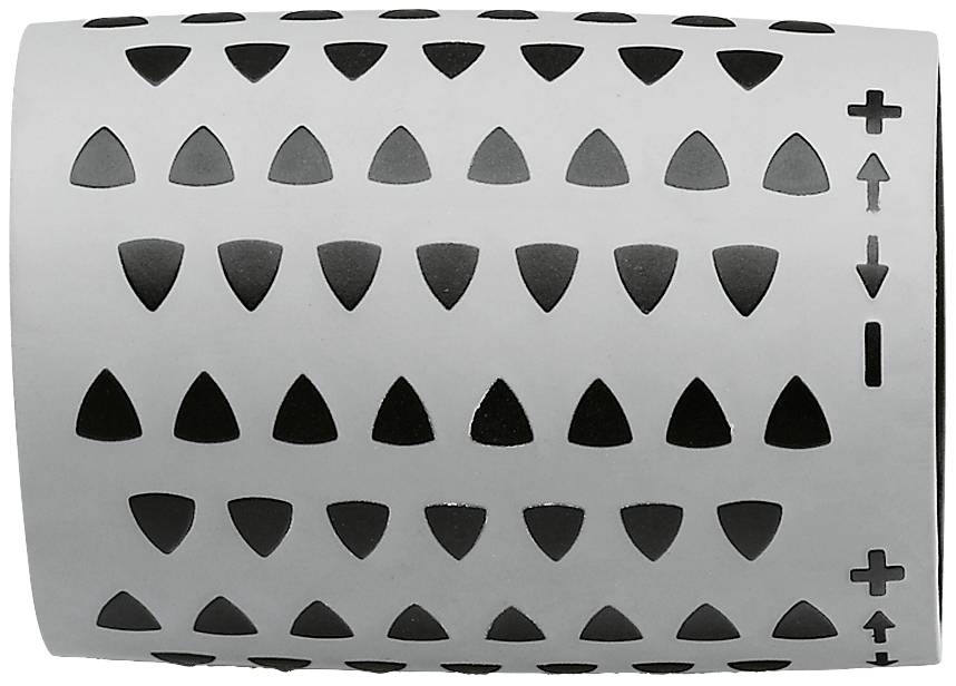 Silberne Metalltrommel mit schwarzem Pfeilmuster in drei Reihen, rechts befinden sich Plus-, Minus- und Pfeilsymbole für die Richtung.