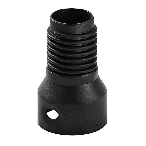 Ein schwarzer, zylindrischer Adapter mit geriffeltem Hals und Löchern an der Unterseite, vermutlich aus Kunststoff oder Metall.