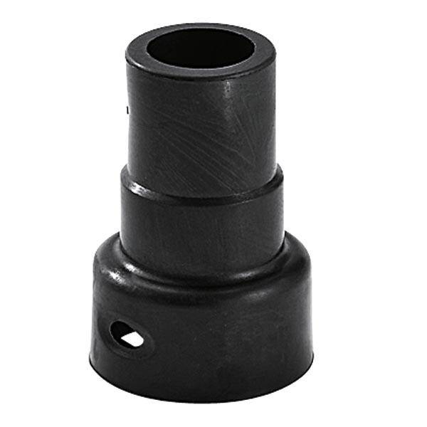 Ein schwarzer Adapter aus Kunststoff, der zwei unterschiedliche Rohrdurchmesser verbindet. Geeignet für Entstaubungssysteme.
