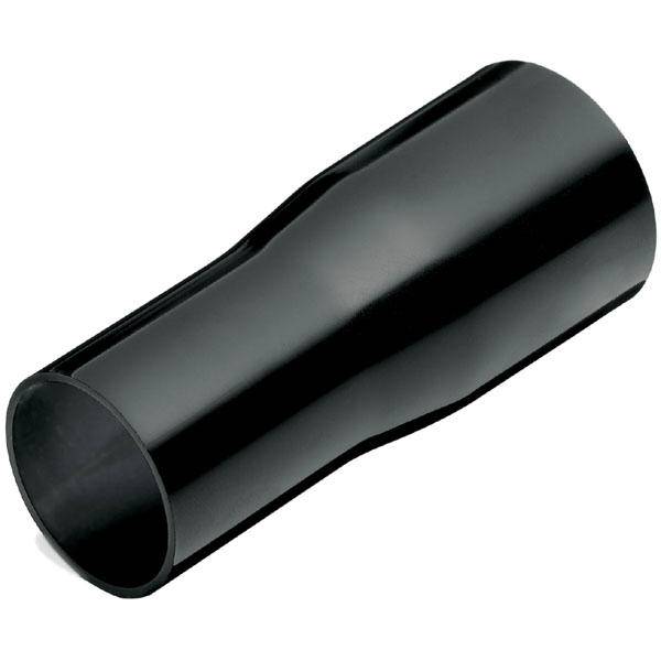Ein schwarzes Kunststoffrohr mit einer leichten Verjüngung in der Mitte; zylindrisch und glatt.