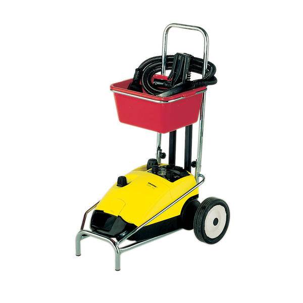 Gelber Hochdruckreiniger auf einem Metallgestell mit roten Korb und schwarzem Schlauch.