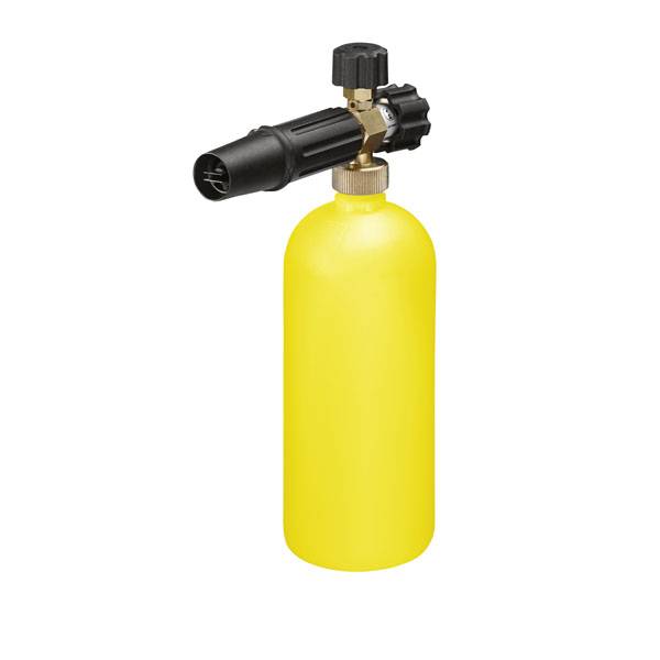 Eine gelbe Schaumsprühflasche mit einem schwarzen Sprühkopf, geeignet für die Reinigung von Fahrzeugen.