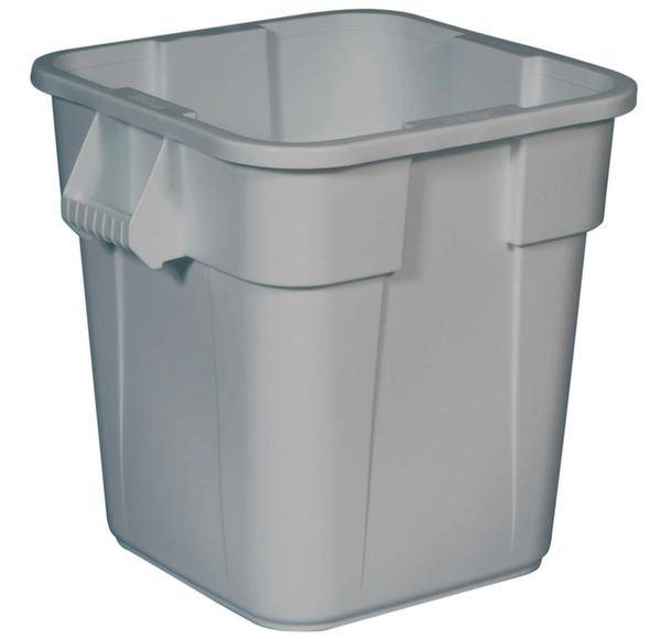 Grauer, quadratischer Plastikmülleimer mit Griffen an den Seiten.
