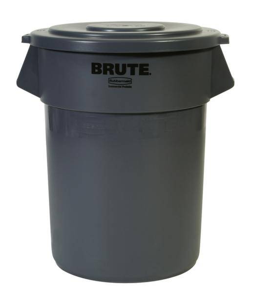 Grauer Abfallbehälter mit Deckel, Marke 'Brute', geeignet für den Innen- und Außeneinsatz.