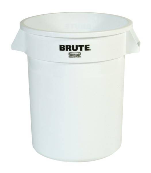 Weißer Abfallbehälter mit der Aufschrift 'BRUTE' auf der Vorderseite.