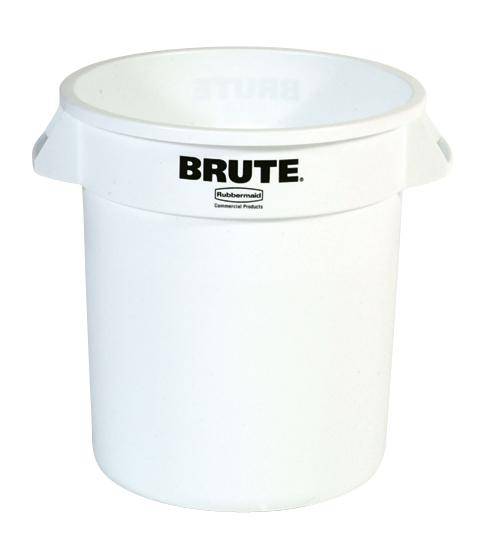 Ein weißer Abfallbehälter aus Plastik der Marke 'Brute' von Rubbermaid, zylindrische Form, mit zwei Griffen an den Seiten.