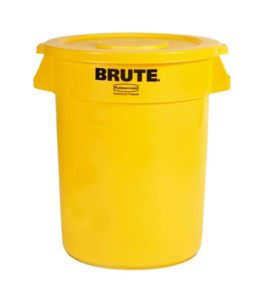 Gelber Müllbehälter mit Deckel, der Aufschrift 'BRUTE' und einem kleineren Logo darunter.