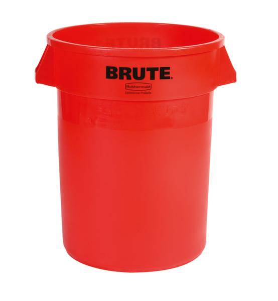 Roter Mülleimer mit der Aufschrift 'BRUTE' an der Vorderseite. Der Eimer hat zwei Griffe an den Seiten.