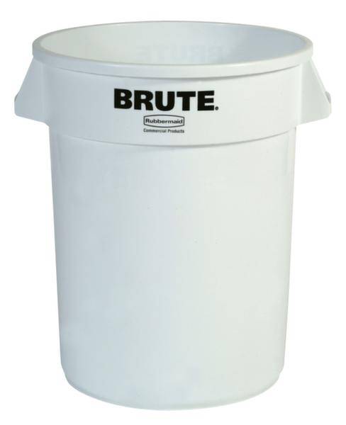 Ein weißer Mülleimer mit der Aufschrift 'BRUTE' in schwarzer Schrift auf der Vorderseite.