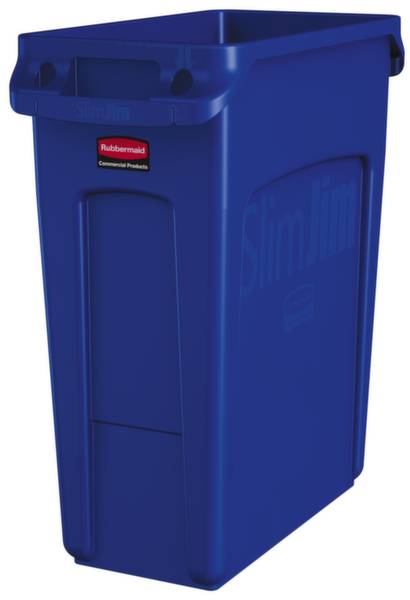 Blauer Abfalleimer mit 'Rubbermaid Commercial Products' Logo, geeignet für schmale Räume.