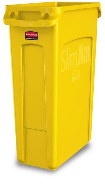 Ein gelber, hoher Mülleimer mit der Aufschrift 'Slim Jim' an der Seite, geeignet für schmale Räume.