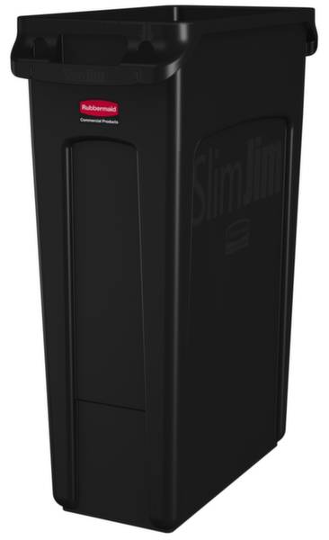 Ein schwarzer Abfallbehälter der Marke Rubbermaid Slim Jim, konisch geformt und platzsparend.