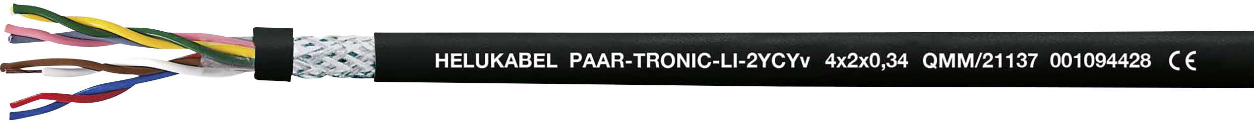 Ein schwarzes Kabel mit der Aufschrift 'Helukabel PAAR-TRONIC-LYCY(C) 4x2x0.34'. Links sind bunte Drähte sichtbar.