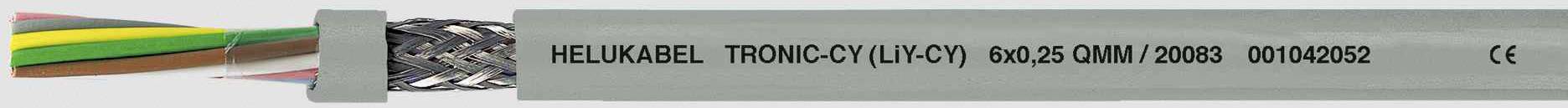 Ein Kabel mit Beschriftung 'HELUKABEL TRONIC-CY (LiY-CY) 80°C 24AWG / 4C 300V' und CE-Zeichen, zeigt Abschirmgeflecht und Kabelstruktur.