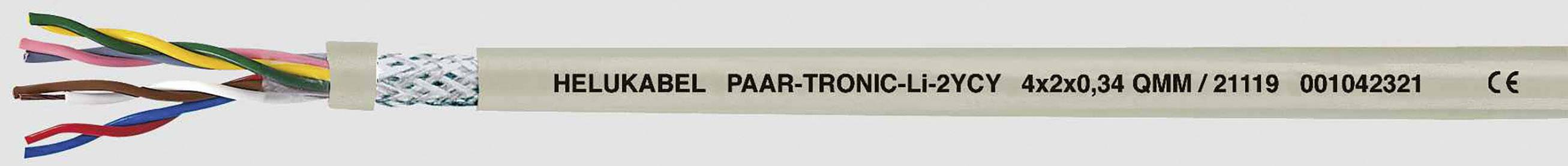 Datenkabel mit mehreren bunten verdrillten Adernpaaren, beschriftet mit 'HELUKABEL PAAR-TRONIC-CY-CY 4x2x0,34' und CE-Kennzeichnung.