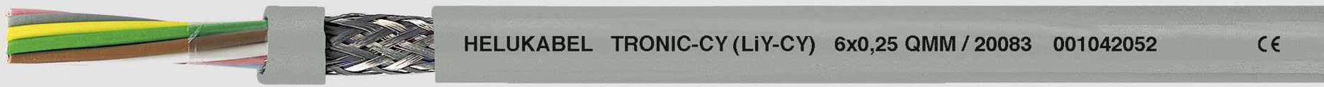 Kabel mit Aufschrift 'HELUKABEL TRONIC-CY (LiYCY) 0043610 4G0.5QMM PVC 0088/00628 CE', zeigt Abschirmung und bunte Innenadern.
