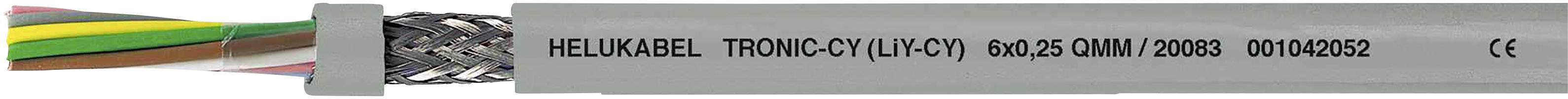Graues mehradriges Kabel mit Beschriftung: 'HELUKABEL TRONIC-CY (LiYCY) 600V 5G0.25 CUL/CMI AWM 2092B 00102082 CE', umwickelt mit Metallgeflecht.
