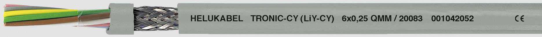Ein graues Kabel mit schwarzem Text 'HELUKABEL TRONIC-CY (LI-CY) 0.6/1kV 20088 00064082 CE'. Kabel zeigt farbige Drähte.