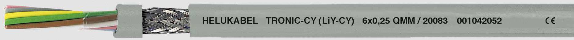 Kabel mit Beschriftung 'HELUKABEL TRONIC-CY (Li-CY) 4x0,25 QMM//20088 DIN0492'. Enthält mehrere farbige Drähte. CE-Kennzeichnung sichtbar.