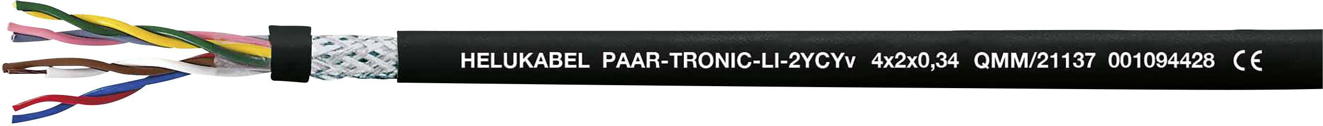 Nahaufnahme eines Kabels mit mehreren farbigen Drähten. Auf dem Kabel steht: 'Helukabel Paargtronic-C-YCYb'.