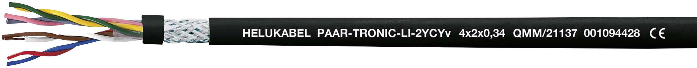 Schwarzes Kabel mit weißen Buchstaben 'HELU KABEL PAAR-TRONIC-CY-CY'. Mehrfarbige Drähte sichtbar am offenen Ende.