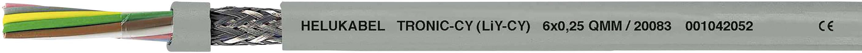 Graues Kabel mit der Aufschrift 'HELUKABEL TRONIC-CY (LiY-CY) 600/65 CM/L 20998 D19/20282'. Kabel zeigt mehrere bunte Drähte.
