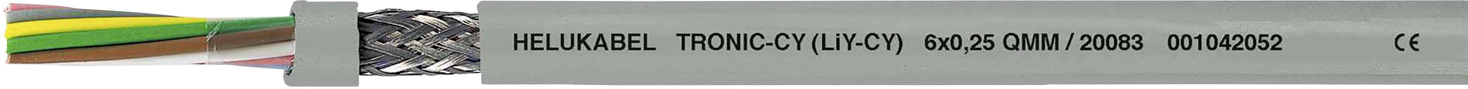 Mehradriges Kabel mit metallischer Umflechtung. Text auf dem Kabel: 'HELUKABEL TRONIC-CY 1(5×0,25) 604 05 CM 20286' und CE-Zeichen.