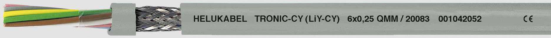 Graues Kabel mit schwarzer Aufschrift: HELUKABEL TRONIC-CY (LFLEX) 80°C 5G0,25 AWM 20998 0000202 CE. Bunte Kabeladern sichtbar.
