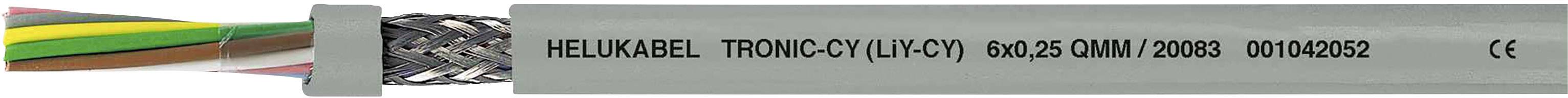 Nahaufnahme eines grauen Kabels der Marke Helukabel mit der Aufschrift 'TRONIC-CY (LiYCY) 600 V', zeigt farbige Innenleiter.