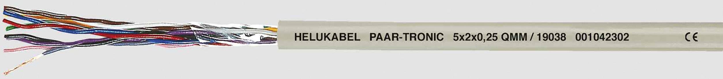 Mehradriges Kabel mit sichtbaren bunten Drähten links und Aufschrift 'HELUKABEL PAAR-TRONIC 3x2x0,20 QMM' auf der grauen Ummantelung rechts.
