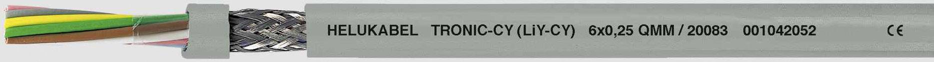 Kabel mit der Aufschrift 'HELUKABEL TRONIC-CY (LiYCY) 50 x 0,5 C AWG28 DIN 0242'. Farbcodierte Drähte und Schirmgeflecht sichtbar.